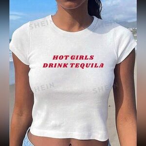 SHEIN EZwear Spicy Girl Tequila Drinking Graphic Short Sleeve Crop Top